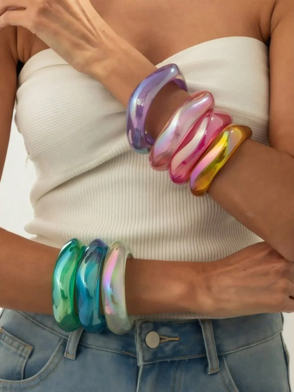 Multicolor Resin Chunky Bangle Set Ombre Glossy Bracelets
